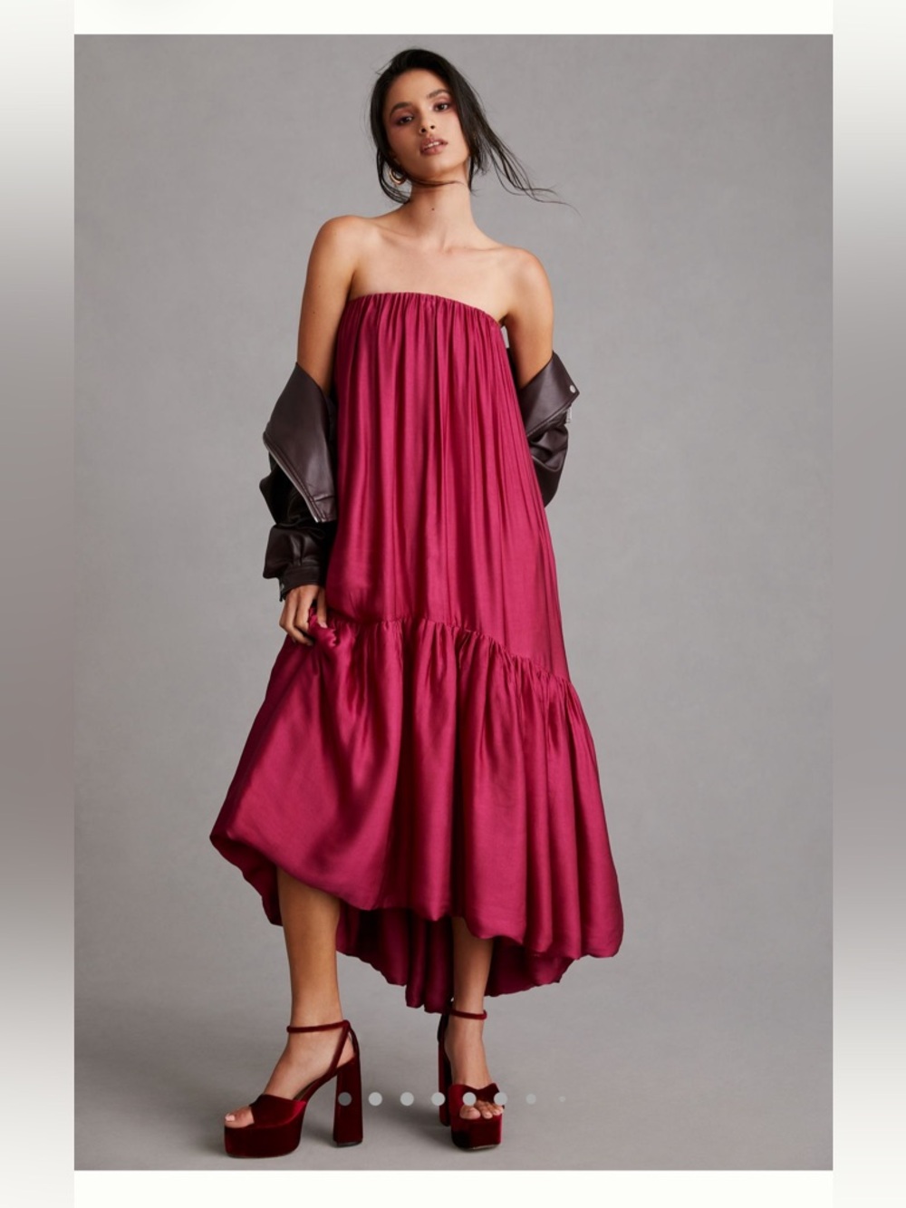 Samant Chauhan- Strapless Ruffle-Hem Midi Dress in Wine